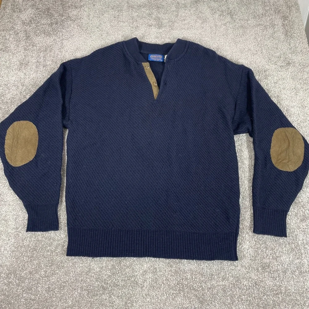 Vintage Pendleton Wool Sweater Mens Large Elbow Patches Henley USA Navy (Tag XL)